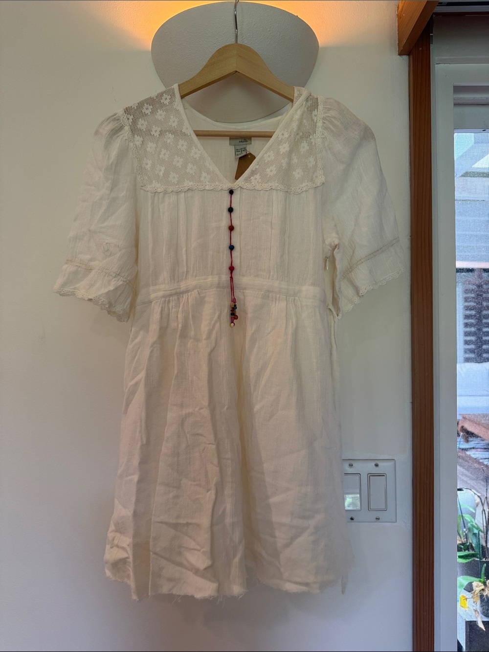 VINTAGE Odille Cream Cotton Lace-Trim Mini Dress with Bead Detail